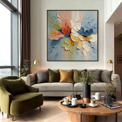 ETHEREAL BLOOM: Textured Impasto Abstract Floral Painting | gold frame stretched on neutral wall