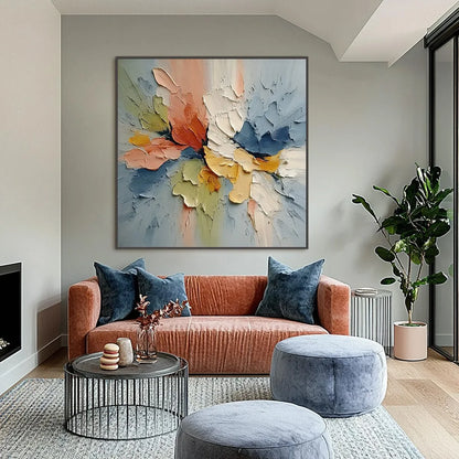 ETHEREAL BLOOM: Textured Impasto Abstract Floral Painting | black frame version on white wall
