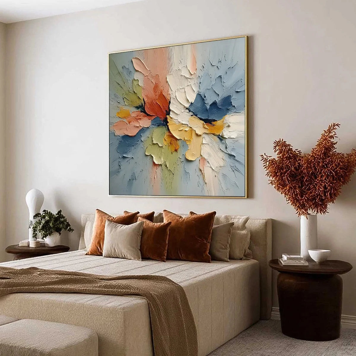 ETHEREAL BLOOM: Textured Impasto Abstract Floral Painting | Abstract mood, soft natural light studio shot