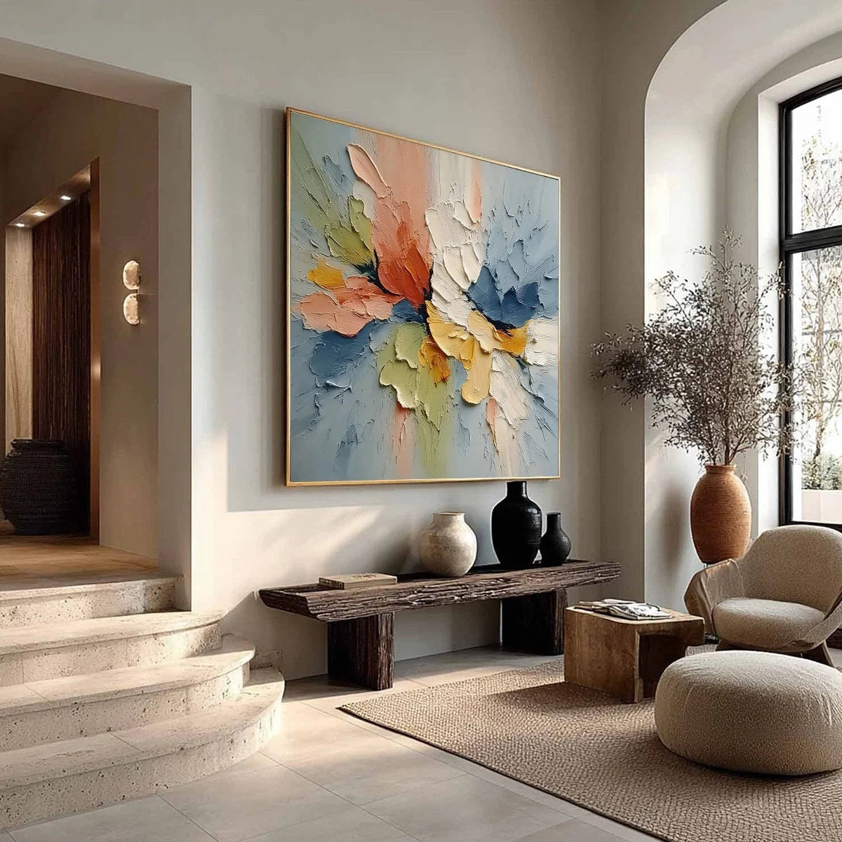 ETHEREAL BLOOM: Textured Impasto Abstract Floral Painting | beige palette, original Hand-painted on premium stretched canvas using artist-grade oils; rich layered surface combines smooth gradients ...