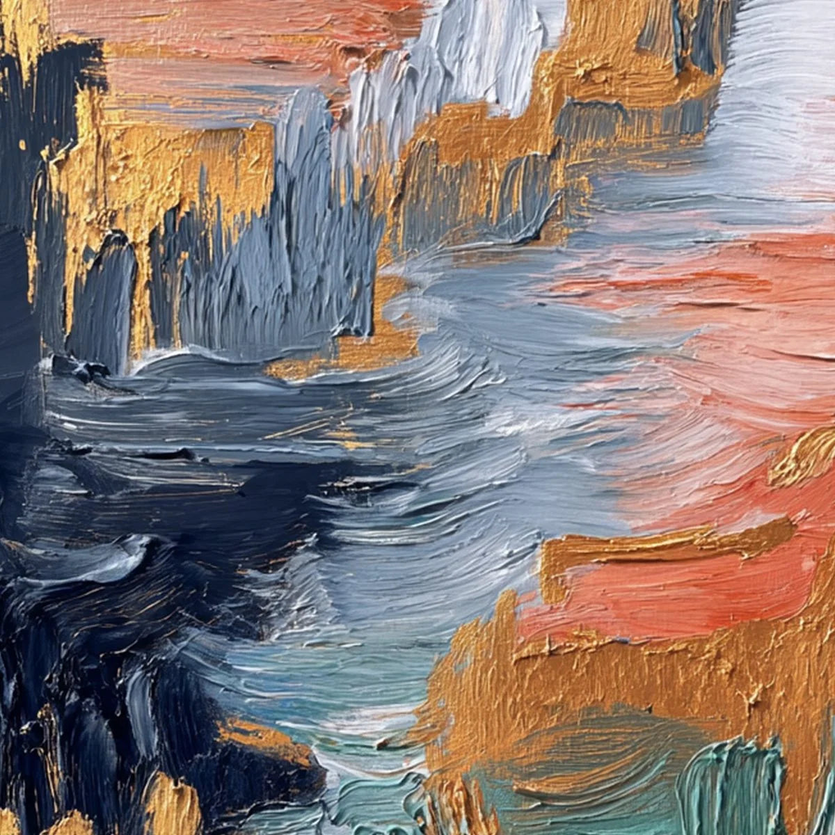 ETHEREAL CASCADE: Textured Vertical Abstract Art with Gold Accents | rectangular format, hand-painted canvas edge