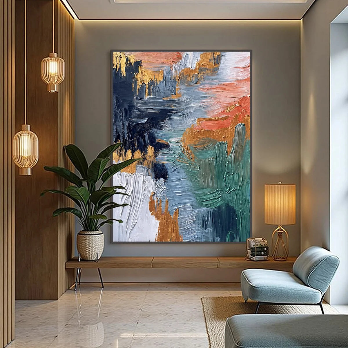 ETHEREAL CASCADE: Textured Vertical Abstract Art with Gold Accents | gold frame stretched on neutral wall