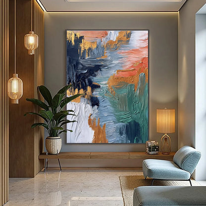 ETHEREAL CASCADE: Textured Vertical Abstract Art with Gold Accents | gold frame stretched on neutral wall