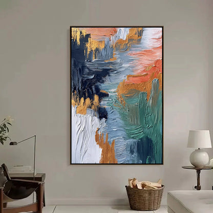 ETHEREAL CASCADE: Textured Vertical Abstract Art with Gold Accents | black frame version on white wall
