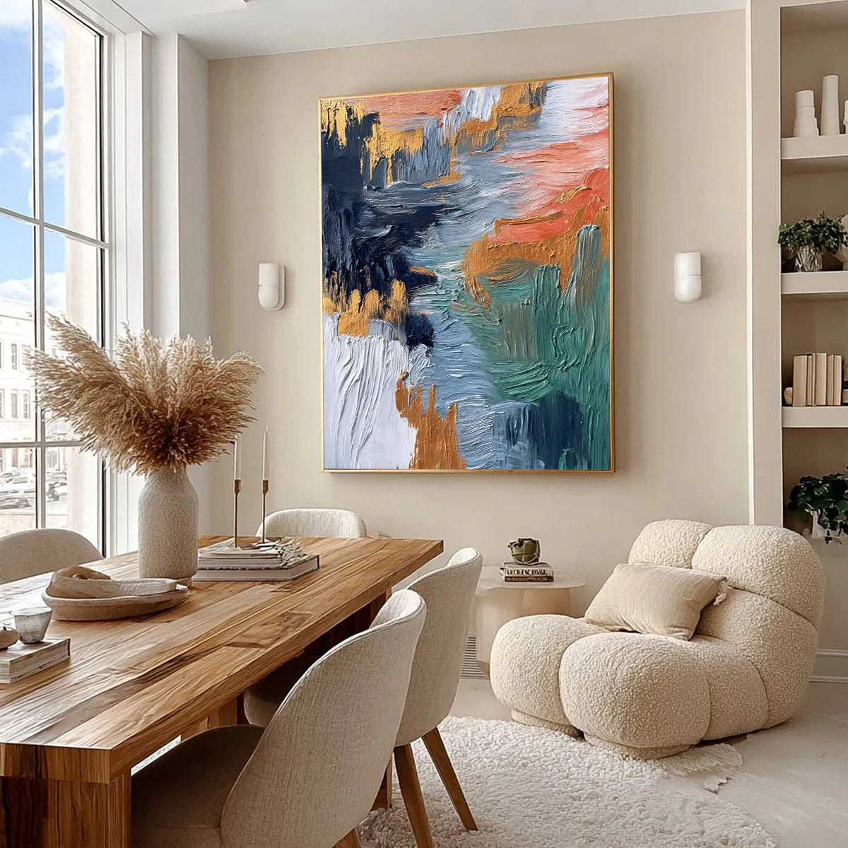 ETHEREAL CASCADE: Textured Vertical Abstract Art with Gold Accents | Abstract mood, soft natural light studio shot