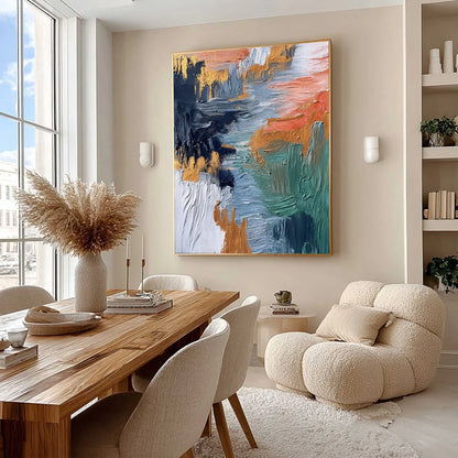 ETHEREAL CASCADE: Textured Vertical Abstract Art with Gold Accents | Abstract mood, soft natural light studio shot