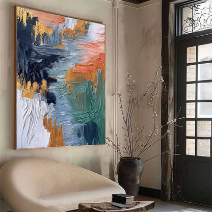 ETHEREAL CASCADE: Textured Vertical Abstract Art with Gold Accents | yellow palette, original Hand-painted on premium stretched canvas using artist-grade oils; rich layered surface combines smooth ...