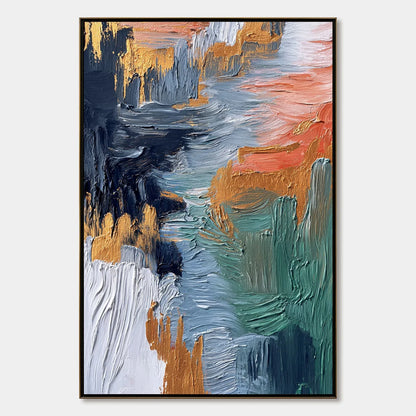 ETHEREAL CASCADE: Textured Vertical Abstract Art with Gold Accents | hanging in ETHEREAL CASCADE: Textured Vertical Abstract Art with Gold Accents featuring layered textured brushwork in refined to...