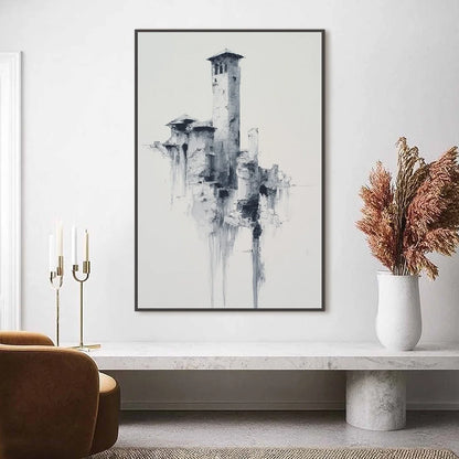ETHEREAL CITADEL: Minimalist Monochrome Architectural Painting | Minimalist closeup, raised brushwork detail