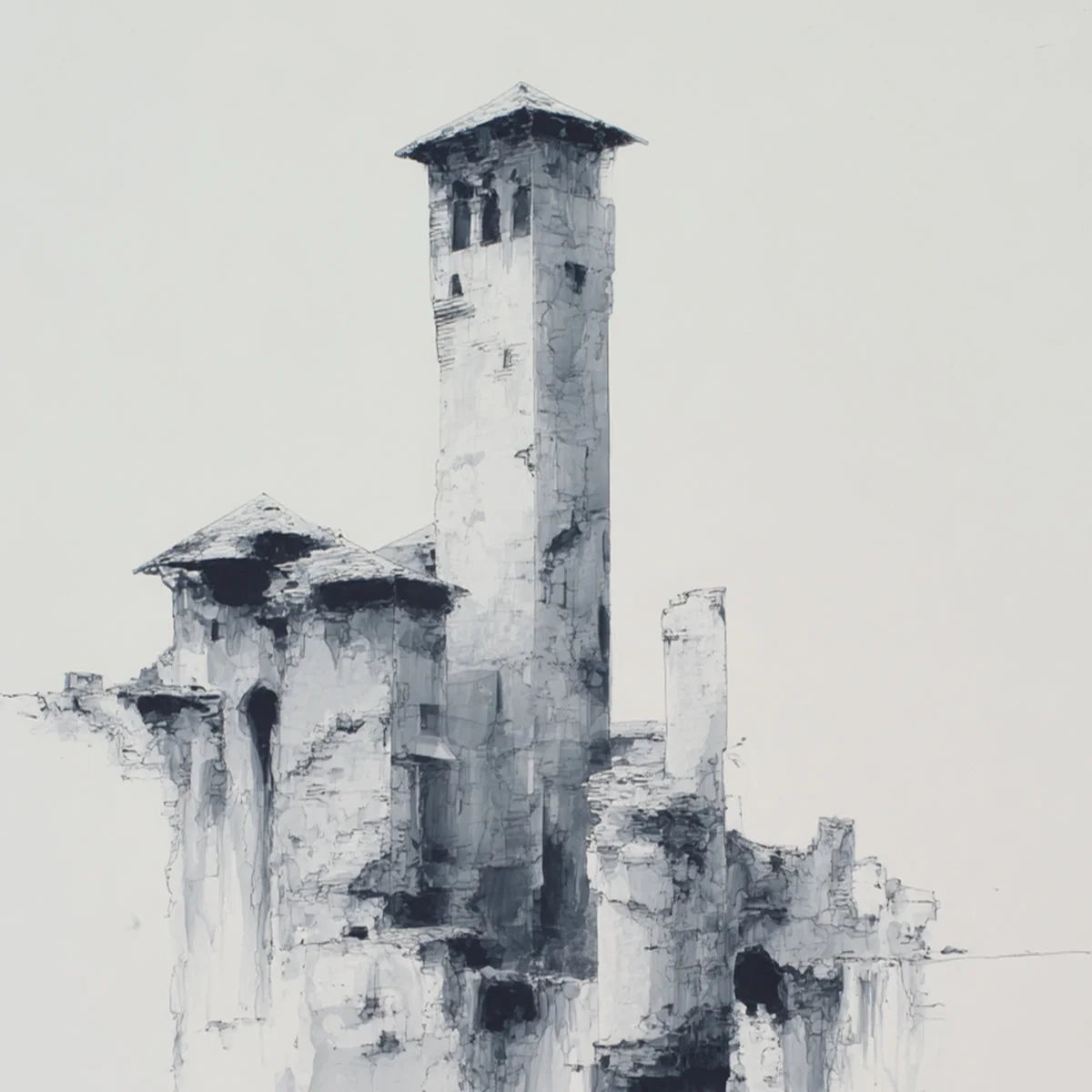 ETHEREAL CITADEL: Minimalist Monochrome Architectural Painting | rectangular format, hand-painted canvas edge