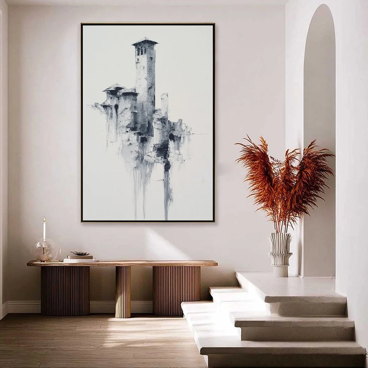 ETHEREAL CITADEL: Minimalist Monochrome Architectural Painting | gold frame stretched on neutral wall