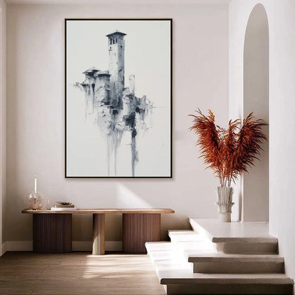 ETHEREAL CITADEL: Minimalist Monochrome Architectural Painting | gold frame stretched on neutral wall