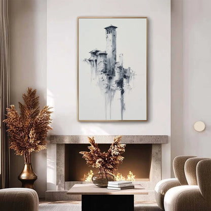 ETHEREAL CITADEL: Minimalist Monochrome Architectural Painting | black frame version on white wall