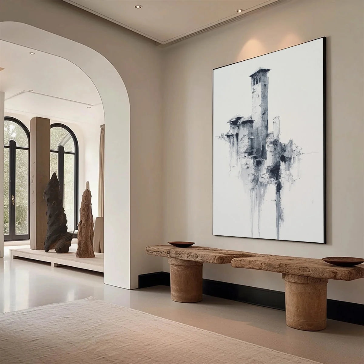 ETHEREAL CITADEL: Minimalist Monochrome Architectural Painting | Minimalist mood, soft natural light studio shot