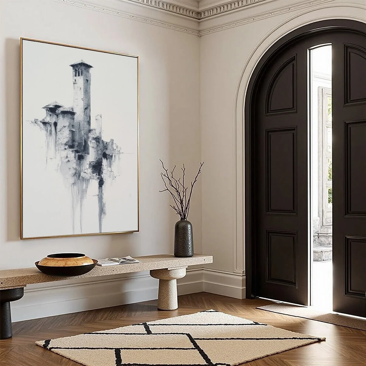 ETHEREAL CITADEL: Minimalist Monochrome Architectural Painting | beige palette, original Hand-painted on premium stretched canvas using artist-grade oils; rich layered surface combines smooth gradi...
