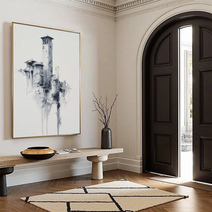 ETHEREAL CITADEL: Minimalist Monochrome Architectural Painting | beige palette, original Hand-painted on premium stretched canvas using artist-grade oils; rich layered surface combines smooth gradi...