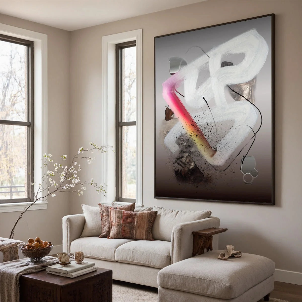 ETHEREAL DRIFT: Abstract Textured Oil Painting on Grey | rectangular format, hand-painted canvas edge