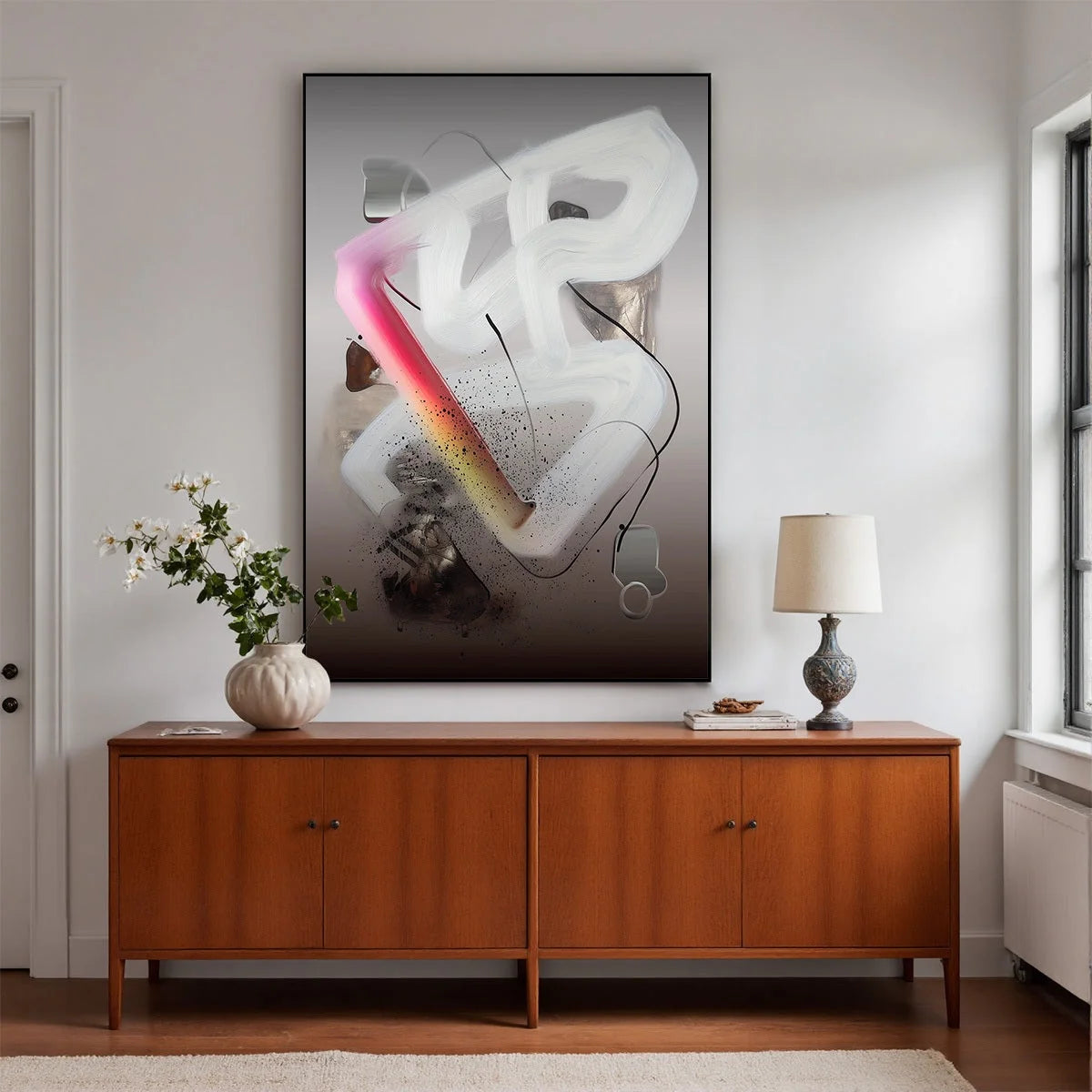 ETHEREAL DRIFT: Abstract Textured Oil Painting on Grey | gold frame stretched on neutral wall