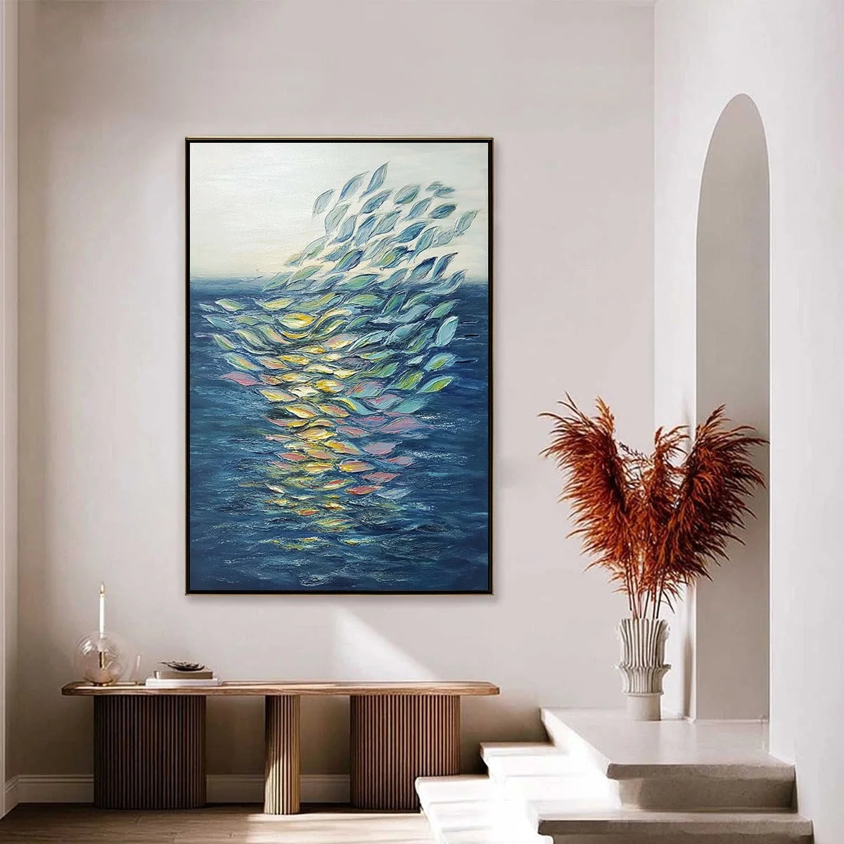 ETHEREAL FLOW: Textured Abstract Seascape Oil Painting | gold frame stretched on neutral wall