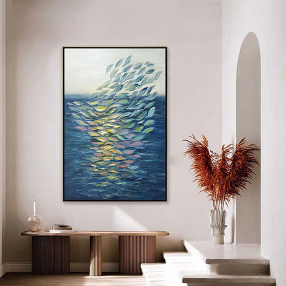 ETHEREAL FLOW: Textured Abstract Seascape Oil Painting | gold frame stretched on neutral wall