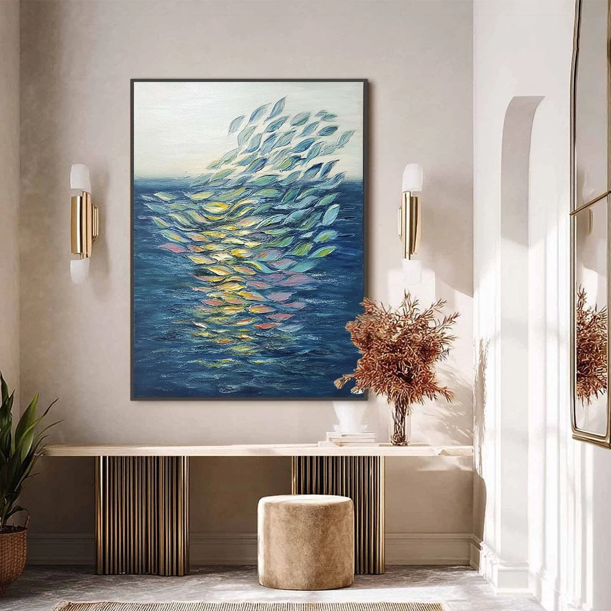 ETHEREAL FLOW: Textured Abstract Seascape Oil Painting | black frame version on white wall