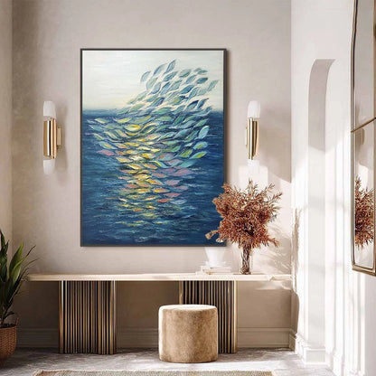 ETHEREAL FLOW: Textured Abstract Seascape Oil Painting | black frame version on white wall