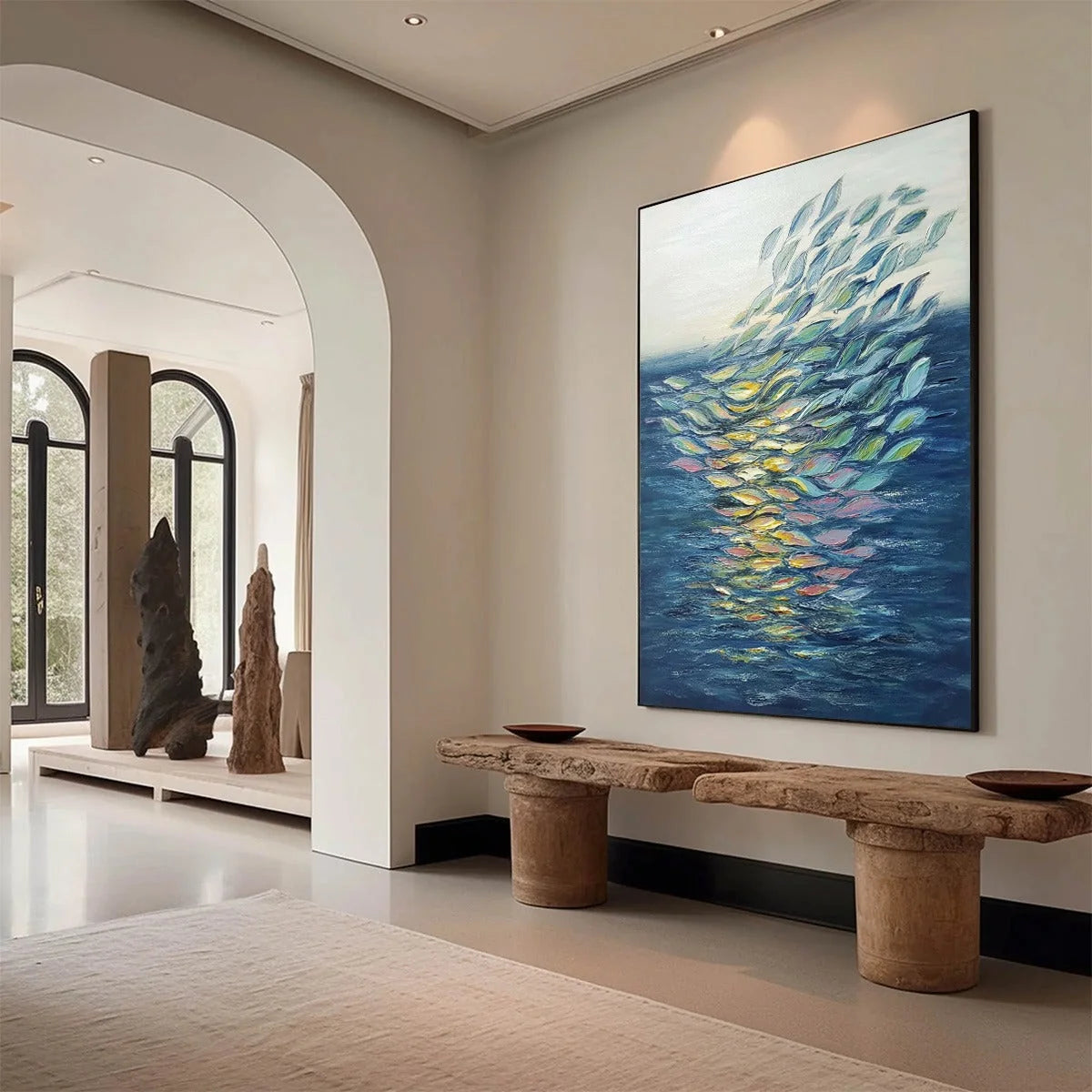 ETHEREAL FLOW: Textured Abstract Seascape Oil Painting | Abstract mood, soft natural light studio shot