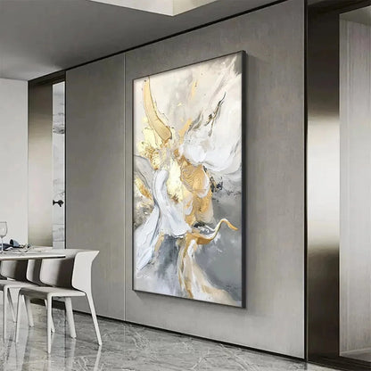 ETHEREAL GOLD: Abstract White, Grey and Gold Oil Painting | gold frame stretched on neutral wall