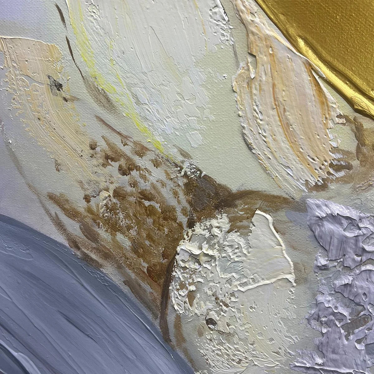 ETHEREAL GOLD: Abstract White, Grey and Gold Oil Painting | black frame version on white wall