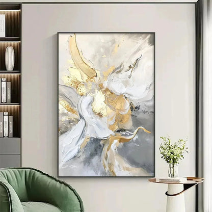 ETHEREAL GOLD: Abstract White, Grey and Gold Oil Painting | Abstract mood, soft natural light studio shot