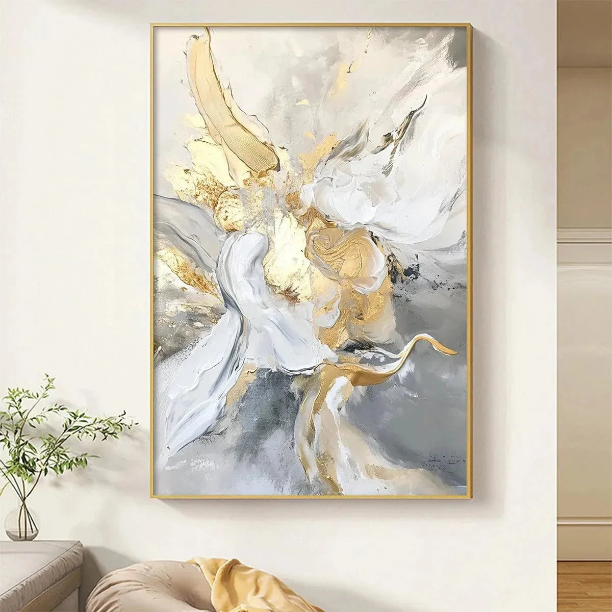 ETHEREAL GOLD: Abstract White, Grey and Gold Oil Painting | yellow palette, original Hand-painted on premium stretched canvas using artist-grade oils; rich layered surface combines smooth gradients...
