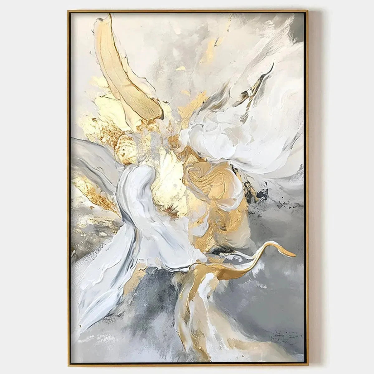 ETHEREAL GOLD: Abstract White, Grey and Gold Oil Painting | hanging in ETHEREAL GOLD: Abstract White, Grey and Gold Oil Painting featuring layered textured brushwork in refined tones; abstract comp...