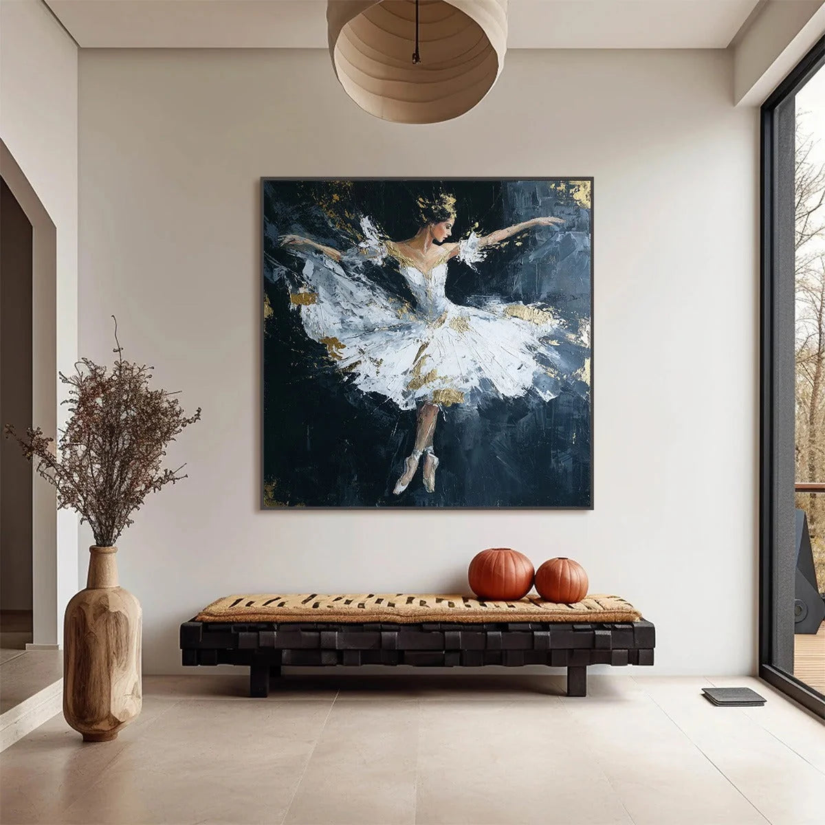 ETHEREAL POISE: Textured Gold Leaf Ballerina Painting | Abstract closeup, raised brushwork detail