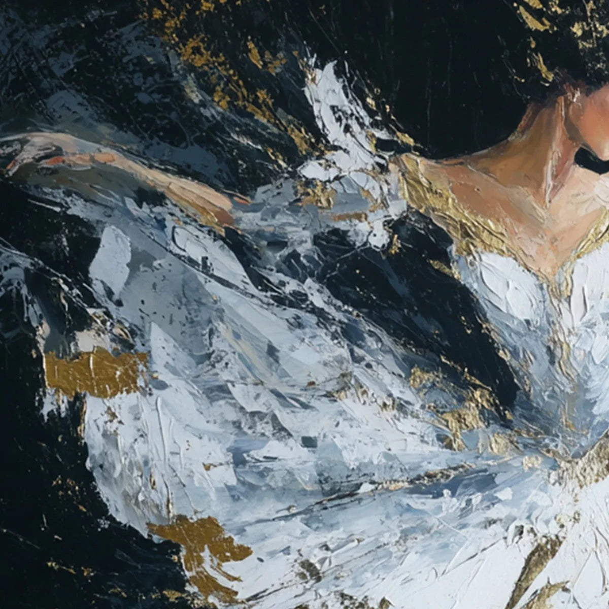 ETHEREAL POISE: Textured Gold Leaf Ballerina Painting | rectangular format, hand-painted canvas edge