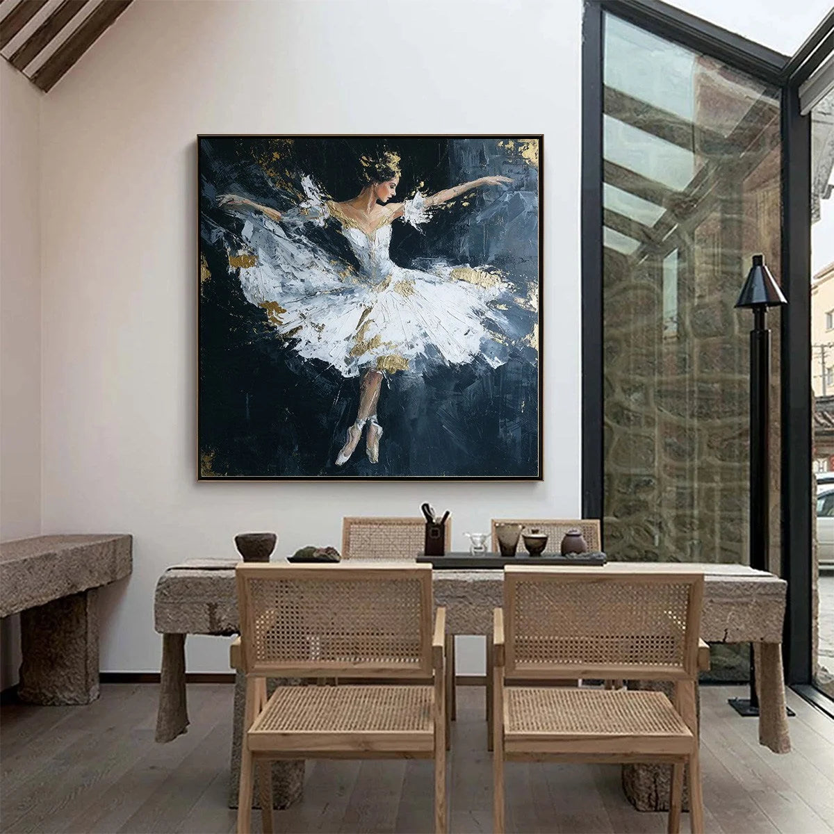 ETHEREAL POISE: Textured Gold Leaf Ballerina Painting | gold frame stretched on neutral wall