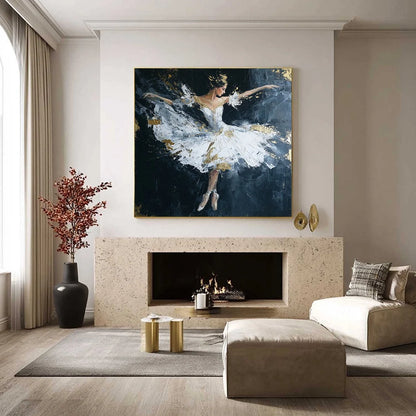 ETHEREAL POISE: Textured Gold Leaf Ballerina Painting | black frame version on white wall