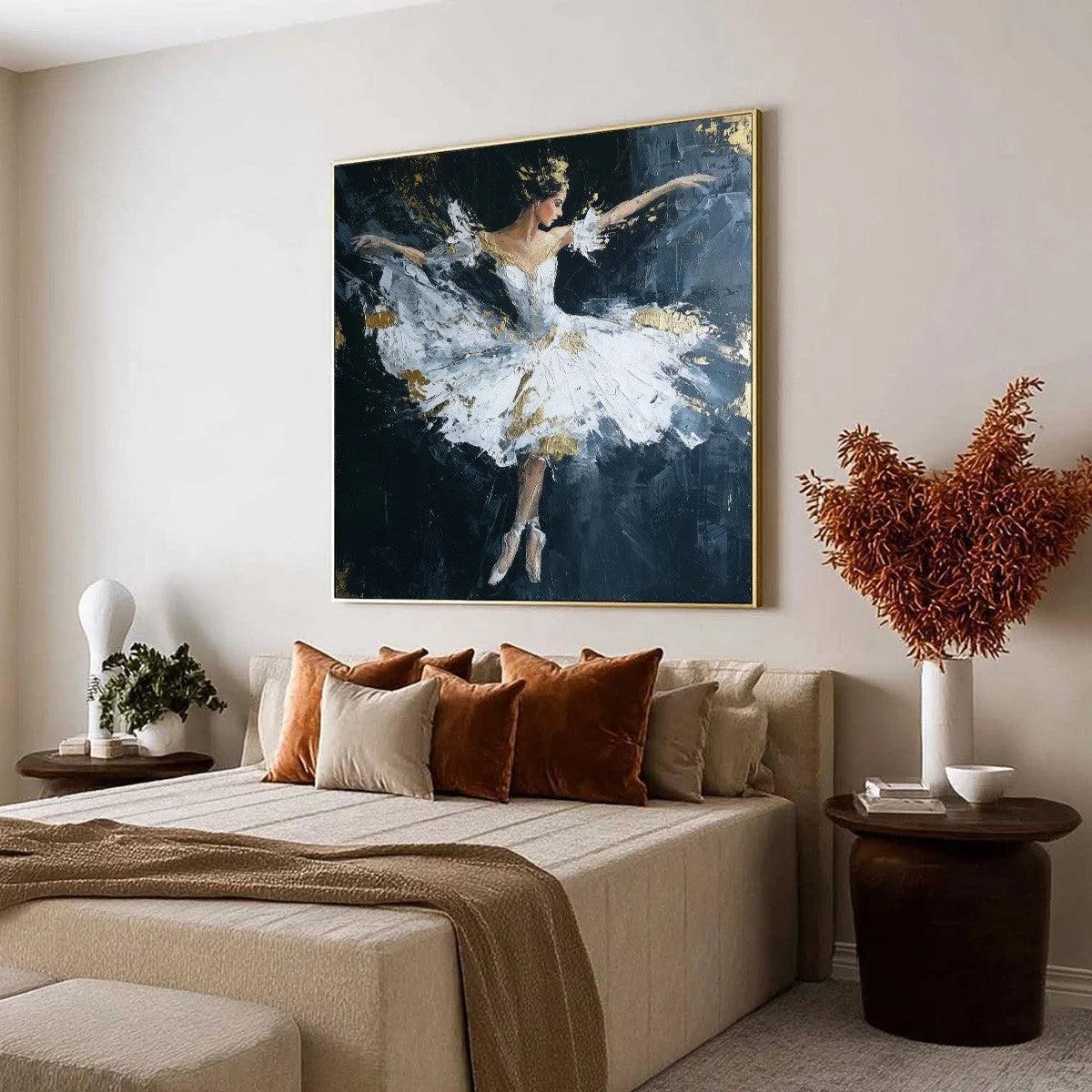 ETHEREAL POISE: Textured Gold Leaf Ballerina Painting | Abstract mood, soft natural light studio shot