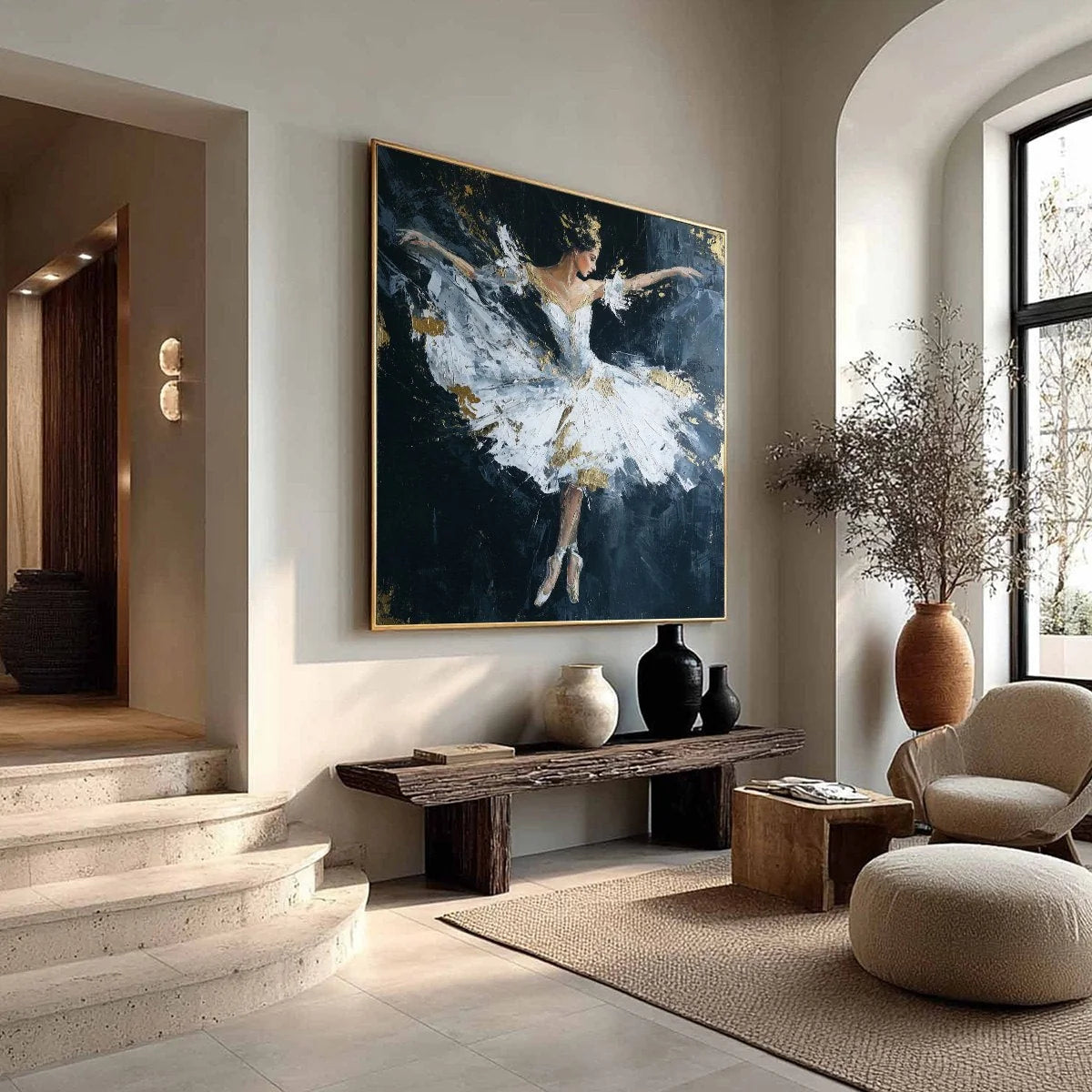 ETHEREAL POISE: Textured Gold Leaf Ballerina Painting | yellow palette, original Hand-painted on premium stretched canvas using artist-grade oils; rich layered surface combines smooth gradients wit...
