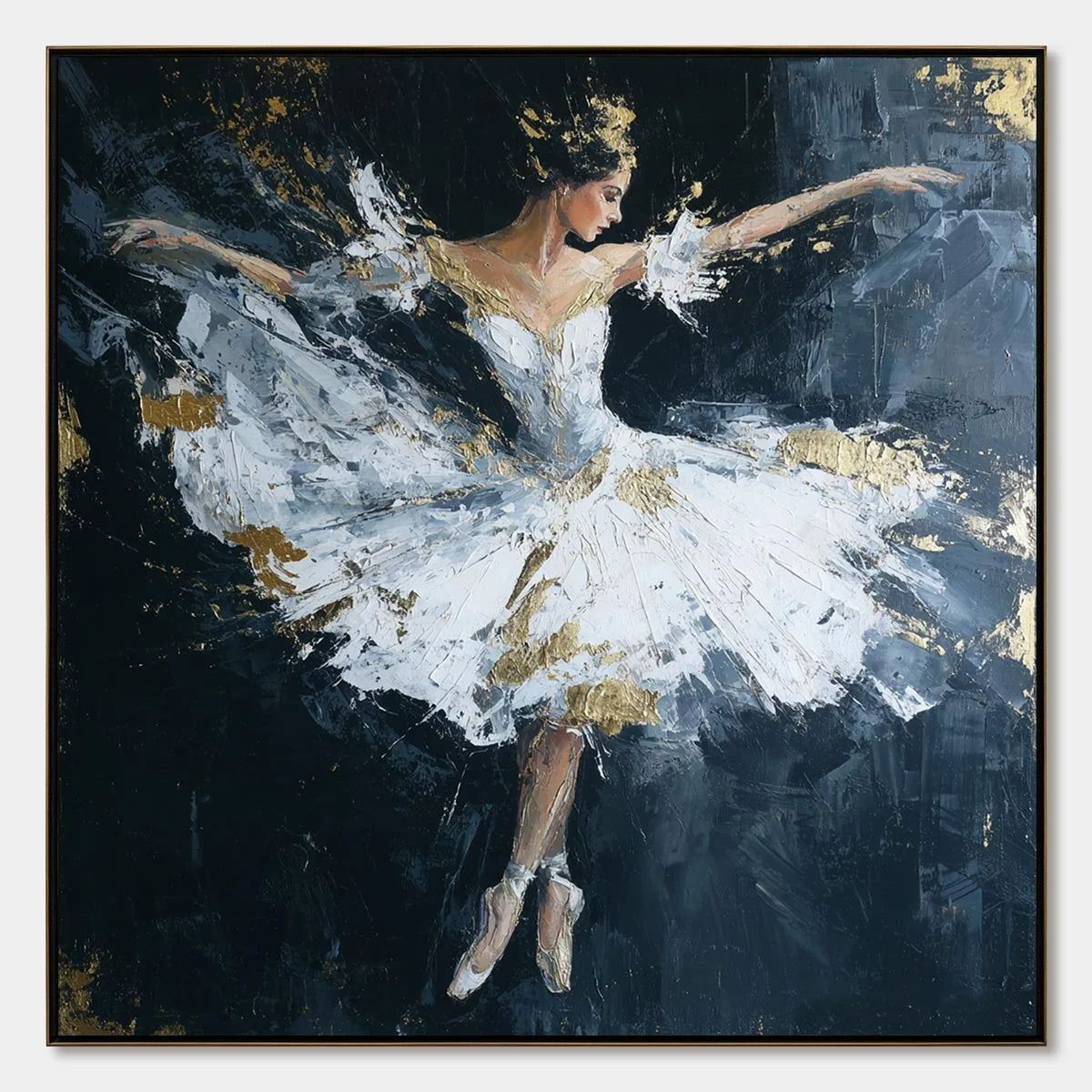 ETHEREAL POISE: Textured Gold Leaf Ballerina Painting | hanging in ETHEREAL POISE: Textured Gold Leaf Ballerina Painting featuring layered textured brushwork in refined tones; abstract composition ...