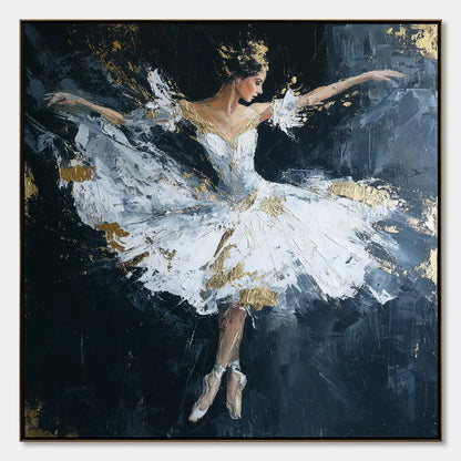 ETHEREAL POISE: Textured Gold Leaf Ballerina Painting | hanging in ETHEREAL POISE: Textured Gold Leaf Ballerina Painting featuring layered textured brushwork in refined tones; abstract composition ...