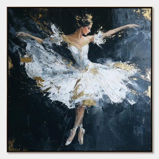 ETHEREAL POISE: Textured Gold Leaf Ballerina Painting | hanging in ETHEREAL POISE: Textured Gold Leaf Ballerina Painting featuring layered textured brushwork in refined tones; abstract composition ...