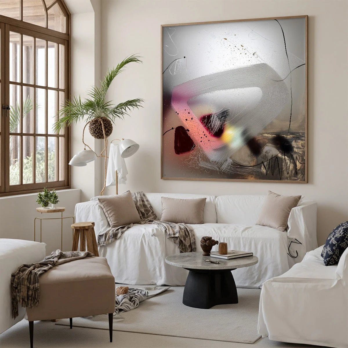 ETHEREAL WHISPERS: Abstract Mixed Media Oil Painting | gold frame stretched on neutral wall