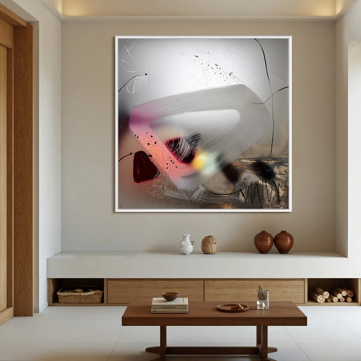 ETHEREAL WHISPERS: Abstract Mixed Media Oil Painting | black frame version on white wall