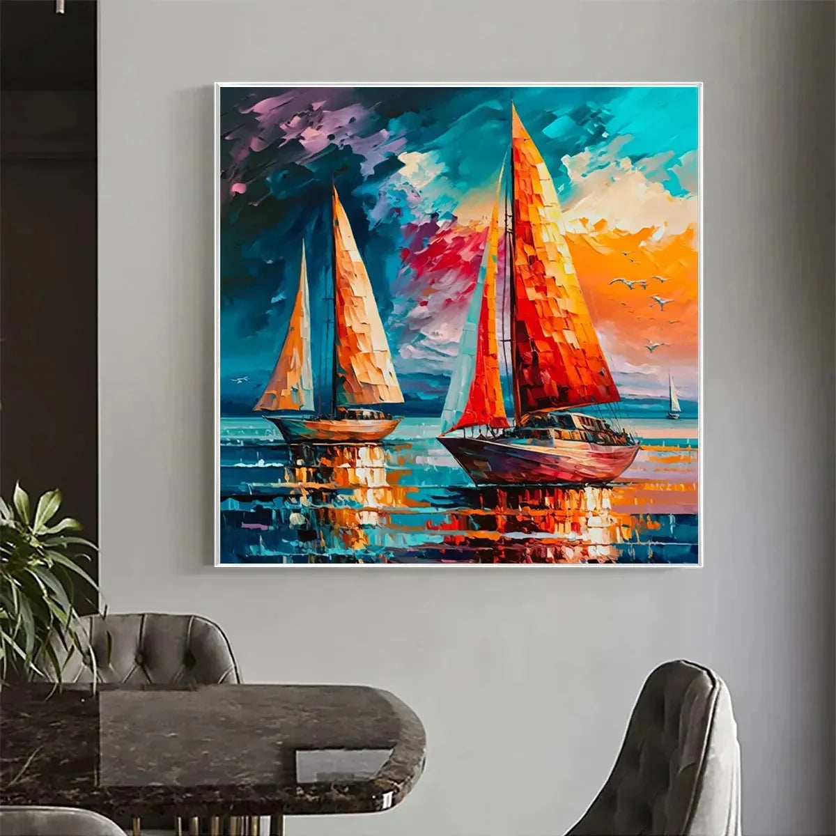 EVENING SAIL: Square Sailboat Painting, Colorful Sunset | Abstract closeup, raised brushwork detail