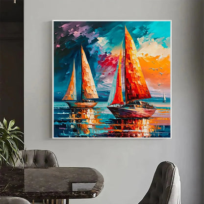 EVENING SAIL: Square Sailboat Painting, Colorful Sunset | Abstract closeup, raised brushwork detail