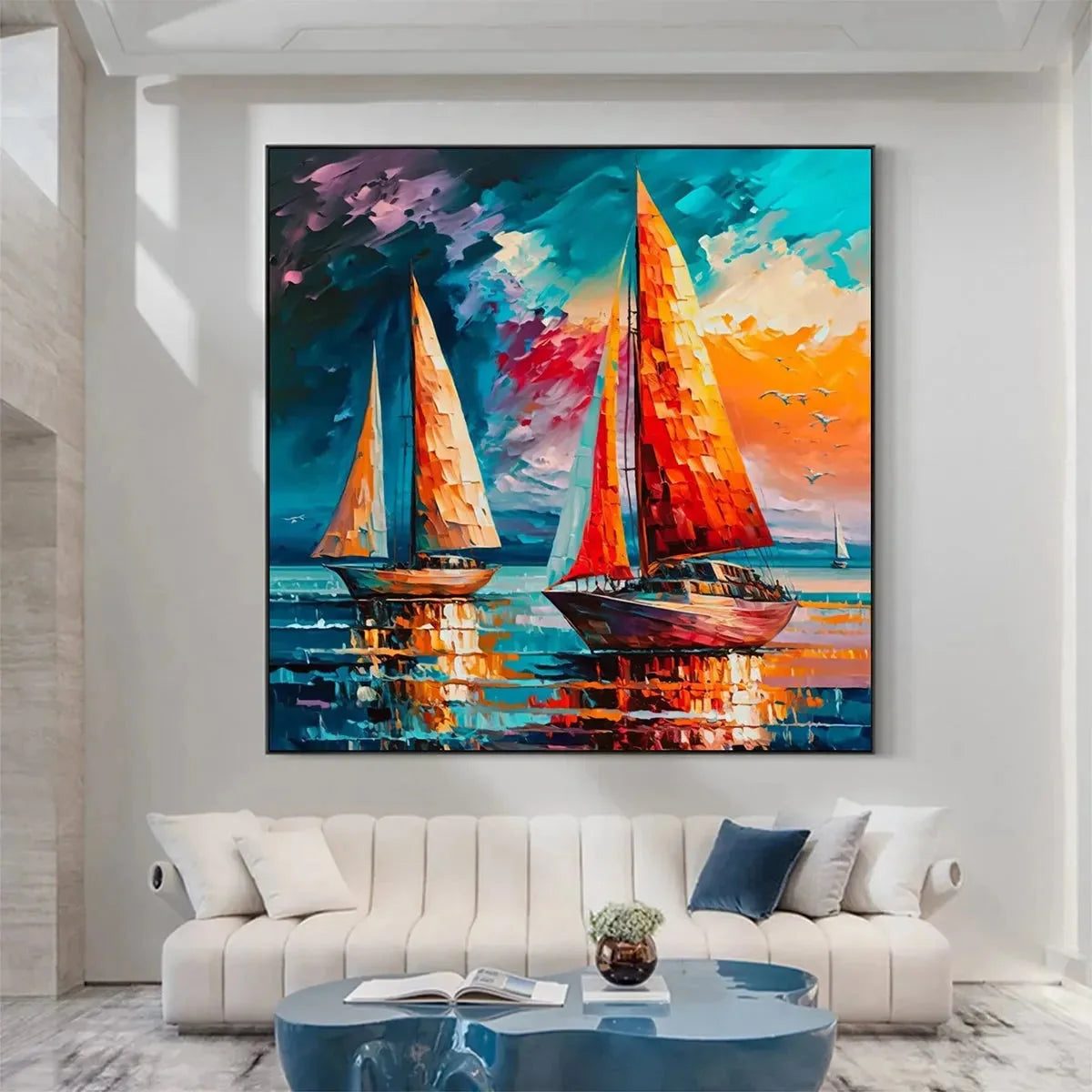 EVENING SAIL: Square Sailboat Painting, Colorful Sunset | gold frame stretched on neutral wall