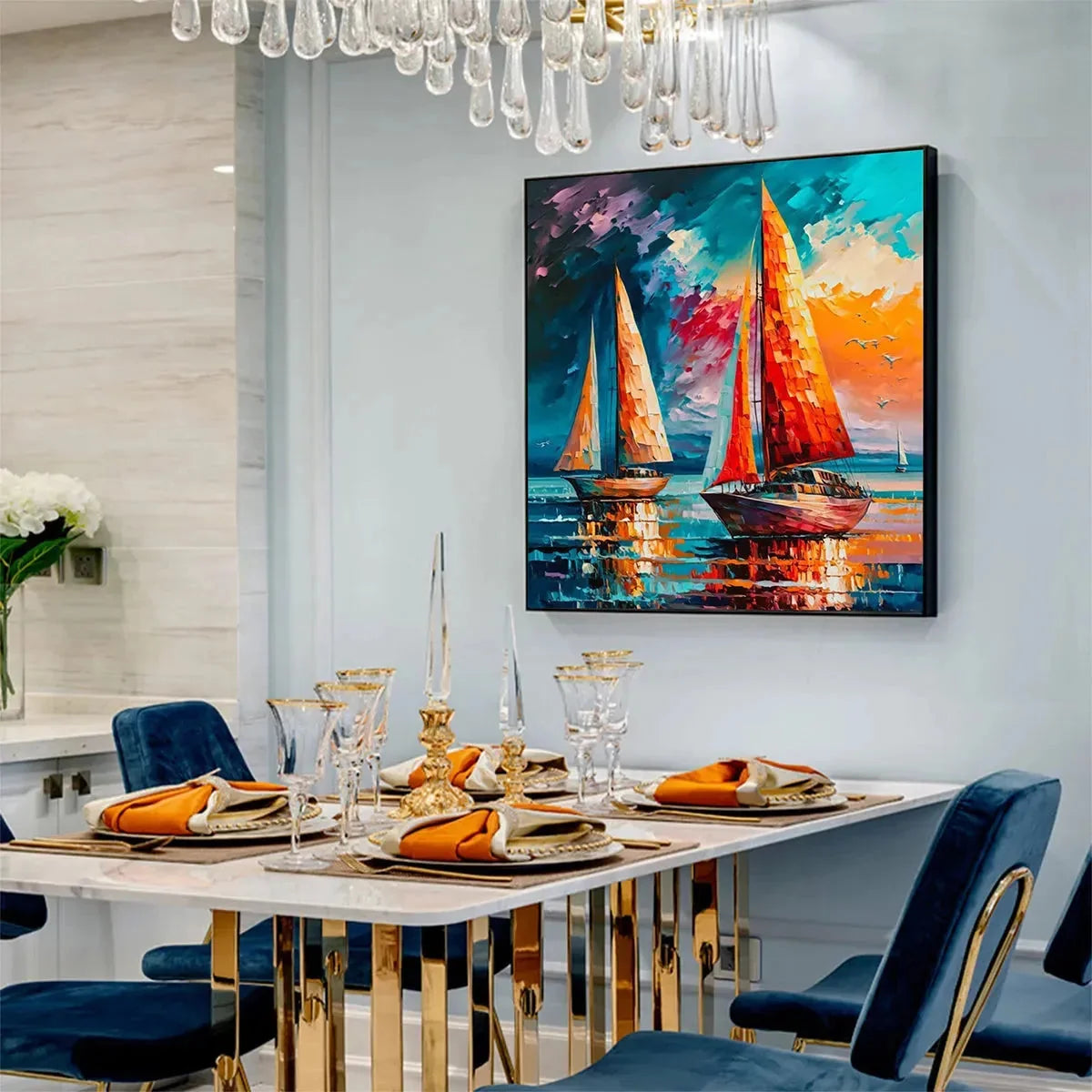 EVENING SAIL: Square Sailboat Painting, Colorful Sunset | rolled canvas, ready for custom framing