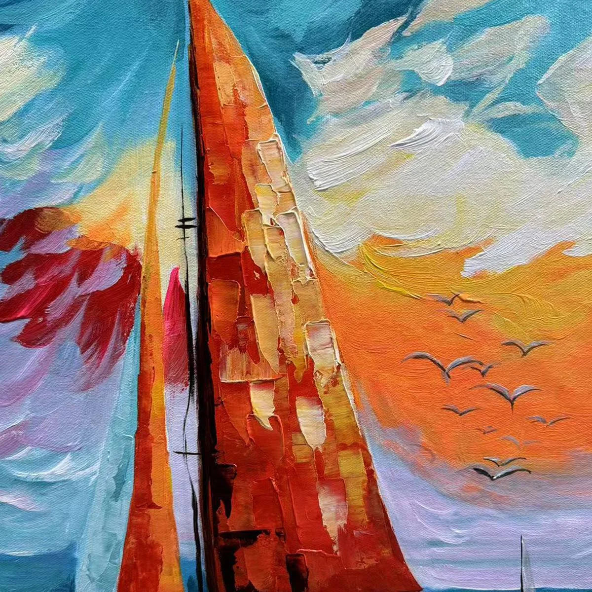 EVENING SAIL: Square Sailboat Painting, Colorful Sunset | black frame version on white wall