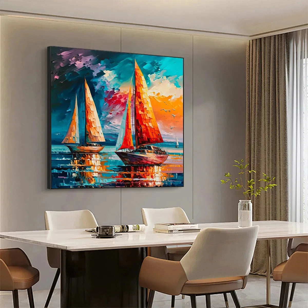 EVENING SAIL: Square Sailboat Painting, Colorful Sunset | Abstract mood, soft natural light studio shot