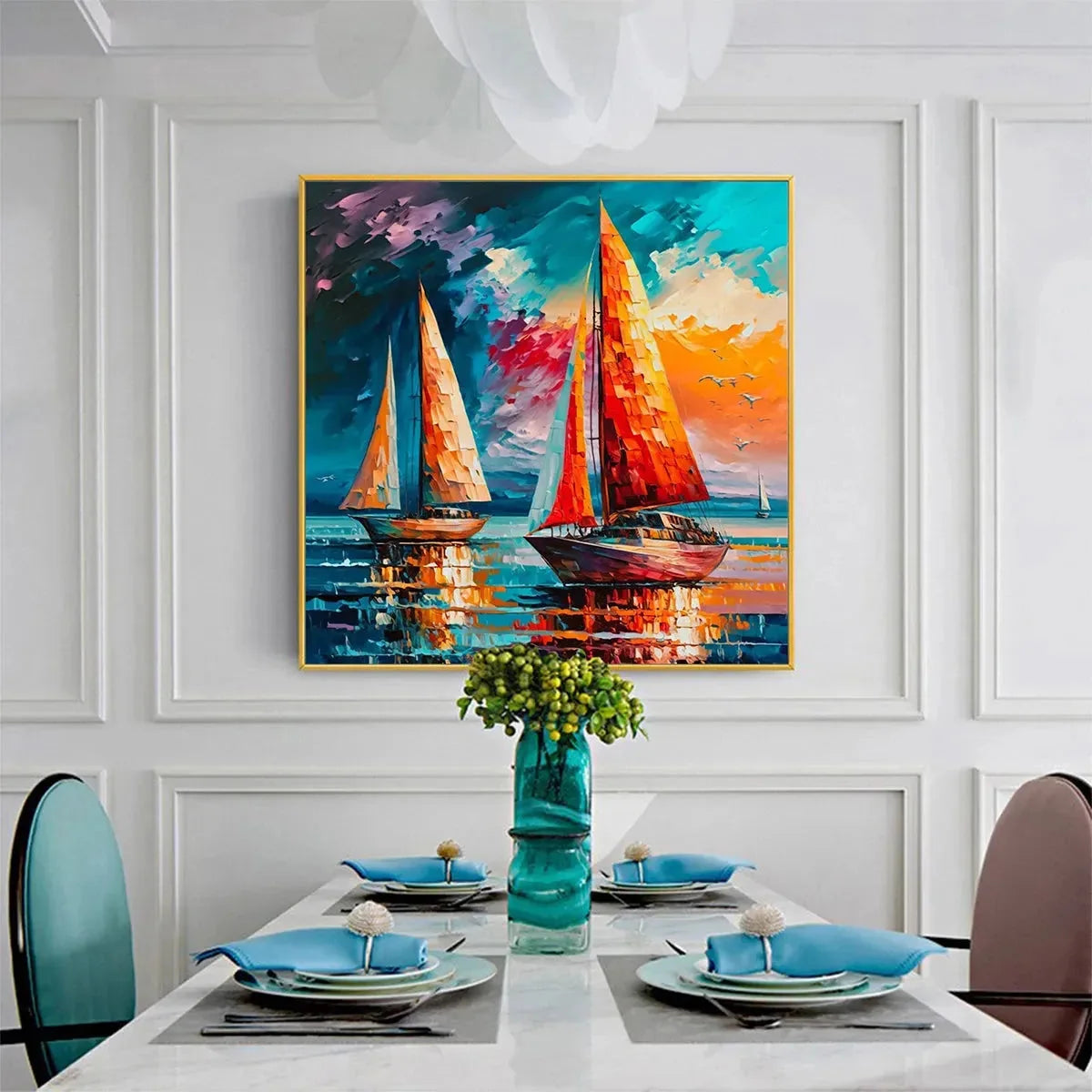 EVENING SAIL: Square Sailboat Painting, Colorful Sunset | beige palette, original Hand-painted on premium stretched canvas using artist-grade oils; rich layered surface combines smooth gradients wi...